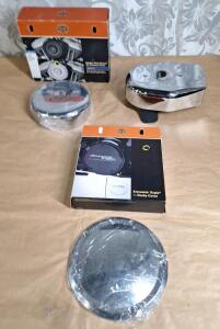 (1) Harley Davidson - Screamin' Eagle Derby Cover, Chrome, (1) Harley Davidson - Bobber Style Round Air Cleaner Cover, Chrome & (1) S&S Cycle - Air Cleaner Cover Assy, Chrome