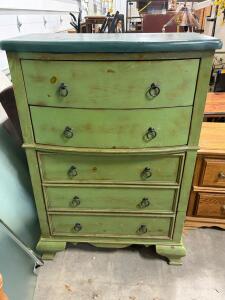 Green 5-Drawer Wooden Chest of Drawers, Distressed Finish, Ring Pulls, 36x18x48 in
