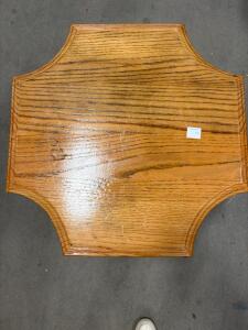 Geometric Oak Top Side Table with Wrought Iron Scroll Base, 22x22x24 in, Decorative Accent