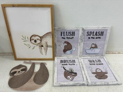 6-Piece Sloth Wall Decor Set &ndash; Hobby Lobby, Framed Prints & Plaque, Bathroom/Kids Room Art. large canvas 13&rdquo;x17&rdquo;, four 8&rdquo;x10&rdquo;, wooden sloth 10&rdquo;x12&rdquo;
