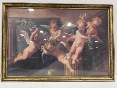 Framed Classical Cherub Print, Glass, Ornate Gold Wood Frame, Approx. 31"x23" Wall Art