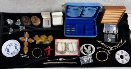 Vintage Jewelry and Accessory Lot: Floral Ring Dishes, Porcelain, Bracelets, Barrettes, Comb, Crosses, Set of 4 Crystal Miniature Animal Figurines, Jewelry box, small jewelry box, ring storage tray, belt buckles, candle holders, nail file.