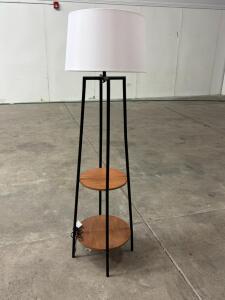 Modern Metal Floor Lamp with 2 Wooden Shelves, White Drum Fabric Shade, E26 Socket, 59" Tall