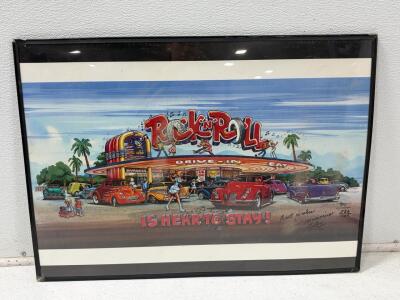 Framed "Rock 'N' Roll Is Here To Stay!" Poster, Ted Miller/LeRoy Dyas, 24x36, Signed, 1950s Cars