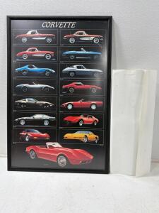 Framed Corvette Generations History Poster 24x36 & Les Schwab Street Rod Legends Muscle Car Poster