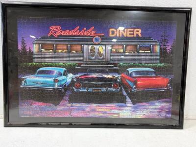 Framed Helen Flint "Roadside Diner" Puzzle, 2003, Approx 1000 Pieces, 27"x20" Art, Cars