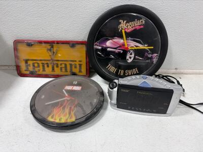 Emerson CKS3528 Projector Clock Radio & Hot Rod, Meguiar's, Ferrari Wall Clocks. Radio Powers on.