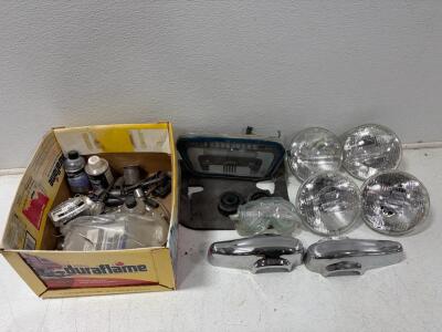 1958&ndash;1959 Chevrolet Truck Parts Lot: Instrument Gauge Cluster, GE 6014 Headlamps, Chrome Bumper Guards