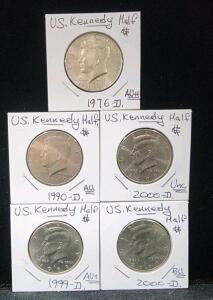 (5) 1976-2000D U.S. Kennedy Half Dollar Coins