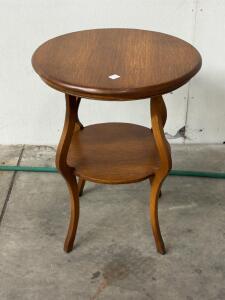 Round Wooden Two-Tier Side Table, Cabriole Legs, 20" Diameter, Medium Brown Finish, Shelf, approximately 28&rdquo;H