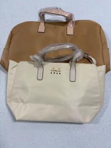 LouLu Tote Travel Bag Set, Beige and Brown, Zip Closure, Gold Hardware, Top Handles, Large Size 18&rdquo;x8&rdquo;x13&rdquo; Smaller size 15&rdquo;x6&rdquo;x11&rdquo;