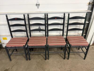 Set of 4 Ladder Back Dining Chairs, Black Wood Frame, Red Striped Upholstered Seat, Rustic Style
