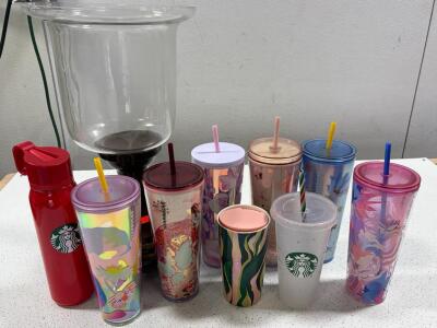 Starbucks Tumblers Lot Seasonal Floral 24oz + Red Bottle + Ceramic Mug, Glass Hurricane Candle Holder