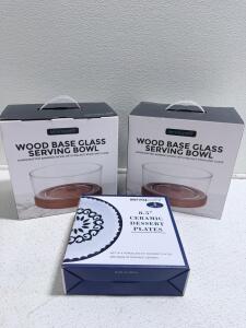 Servapp&eacute;tit Wood Base Glass Serving Bowl & 8.5" Ceramic Dessert Plates Set of 4, New in Box
