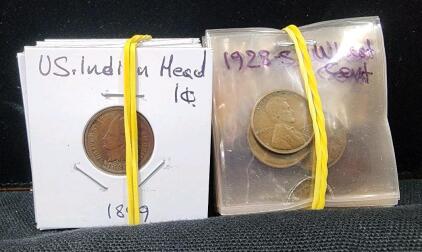 (10) 1898-1907 U.S. Indian Head Penny Coins (10) 1910-1928 Wheat Penny Coin