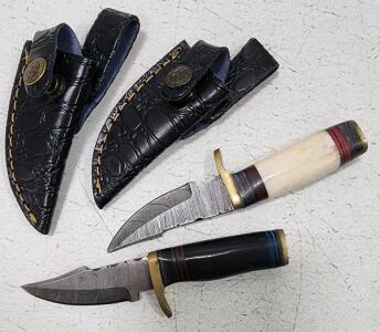 (2) Fixed Blade Damascus Steel Utility Knife With Resin Handle And Sheath