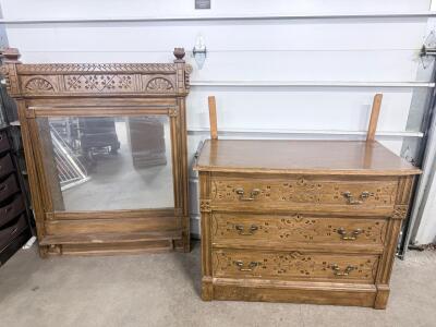 Antique Eastlake Victorian Oak Dresser With Mirror, 3 Drawers, Geometric & Floral Carving, Circa 1900