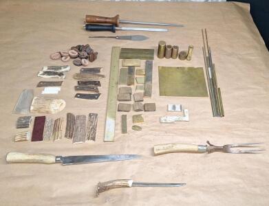(1) Antler Handled Knife, Fork & Letter Opener & Assorted Metal, Antler & Leather Pieces For Knife Making