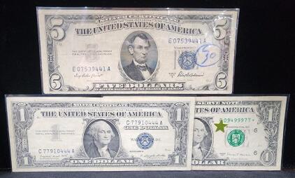(1) Series 1953A Series United States Five Dollar Silver Certificate (1) Series 1957A United States One Dollar Silver Certificate (1) Series 2013 One Dollar Star Note Bill
