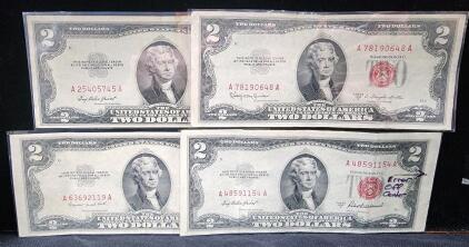 (4) Series 1953 Minted United States Two-Dollar Red Seal United States Note