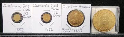 (2) 1852 California Gold Rush Half Dollar (1) 1847 One Cent Hawaii Souvenir Coin (1) Hawaii Prince Kuhio Sleeping Giant Chamber Of Commerce Kauai Dollar Coin