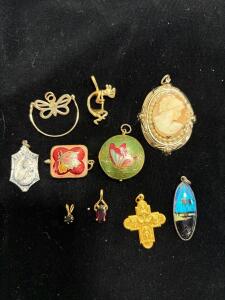 Assorted Vintage Pendants, Cameo, Butterfly Enamel, Religious, Gemstone Charms