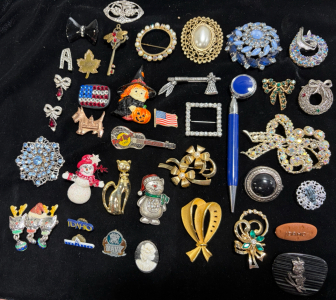 38-Piece Collectible Pin & Brooch Lot: Hard Rock Cafe, Enesco 1986, Navy, State & Holiday Mix