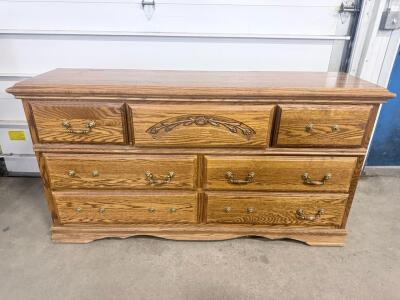 Traditional 9-Drawer Oak Dresser with Carved Detail, Brass Pulls, Approx. 60" Wide