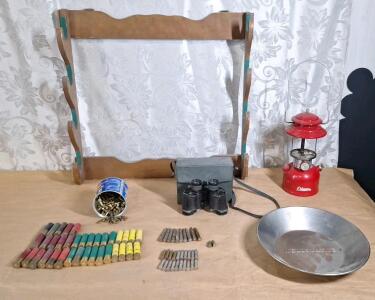 (1) Wooden Gun Rack, (1) Pair Of 8x30 Binoculars, (1) Vintage Coleman Lantern, (1) Gold Pan & Assorted Shotgun, 22LR & 38-Special Rounds