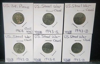 (5) 1943 Minted U.S. Steel War Cent Coins (1) 1968 U.S. Three Cent Piece Coin