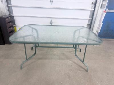 Outdoor Patio Table, Green Metal Frame with Tempered Glass Top, 60"x38", Seats 6, Umbrella Hole