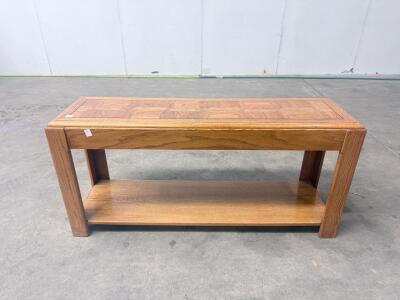 Oak Console Table with Parquet Top Pattern, Open Shelf, 48" x 16" x 27", Medium Oak Finish
