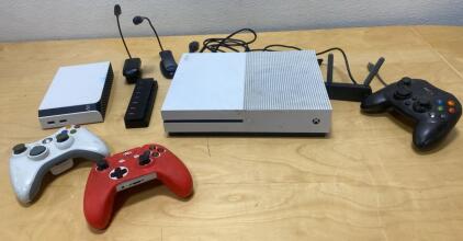 Microsoft Xbox One S 1TB Bundle with 3 Controllers, External Drive, Headsets, Adapter SN: 213720682748 and More- Untested