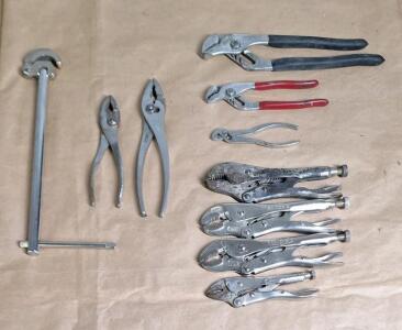 (4) Pair Of Vice Grips, (3) Pair Of Slip Joint Pliers, (2) Pair Of Standard Pliers & (1) Basin Wrench