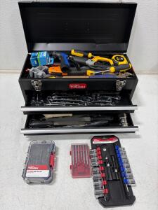 Hyper Tough 20" 2-Drawer Steel Tool Box w/ Hand Tools, Sockets, Wrenches, Drill Bits, Accessories