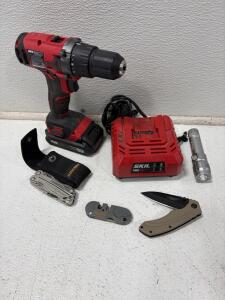 SKIL 20V Cordless Drill/Driver Kit DL5291B-10, 1/2" Chuck, 2.0Ah Battery, Charger, Multi-Tools. Powers on.