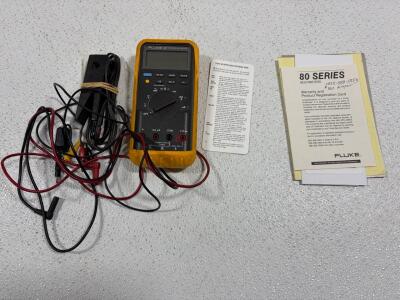 Fluke 87 True RMS Multimeter Kit with Y8101 AC Current Probe, Test Leads, Manuals, 1000V 10A estimated dimensions 7.3 in &times; 3.6 in &times; 1.8 in,