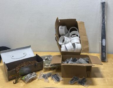Lot of Hardware: Toolbox, Rusty Steel Chain, Door Locks, PVC Fittings, Hinges, Bat