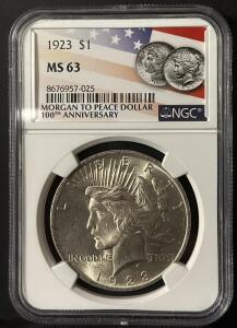 1923 Peace Dollar Coin, MS 63, NGC Certified, Silver, No Mint Mark
