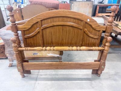 Traditional Oak Panel Bed Frame, Full Size, Turned Posts, Brass Accents, Includes Side Rails