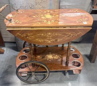 Italian-Style Wooden Bar Cart Tea Trolley, Floral Marquetry, Drop Leaf, Brass Wheels, Bottle Holders