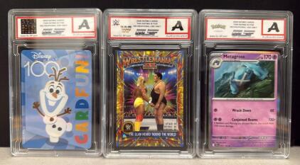 Disney 100 Olaf Foil Card, Card Fun Series, GL-SF Authenticated, 2023, Holo, English, Pok&eacute;mon Metagross, Wrestle Mania 3