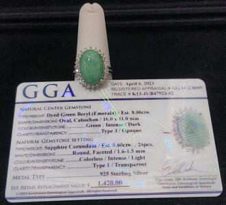 (1) Size 7 Dyed Green Beryl Oval Cabochon Emerald Ring by Orianne W/ GGA Card