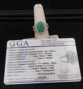 (1) Size 7 Dyed Green Beryl Oval Cabochon Emerald Ring by Orianne W/ GGA Card