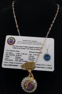 .925 Silver Ruby And White Sapphire Pendant With Yellow Gold Overlay And 18" Chain by Orianne W/ Appraiser Card