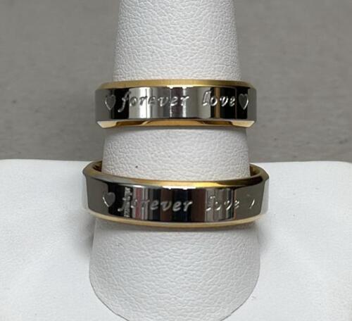 18K Two-Tone Gold "Forever Love" Engraved Couple Rings, 5mm Band, Heart Detail, Sizes 8 & 12