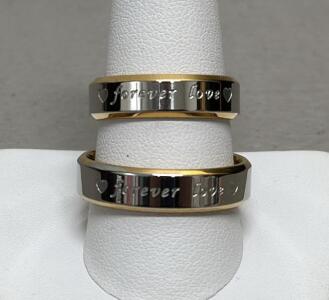 18K Two-Tone Gold "Forever Love" Engraved Couple Rings, 5mm Band, Heart Detail, Sizes 8 & 12