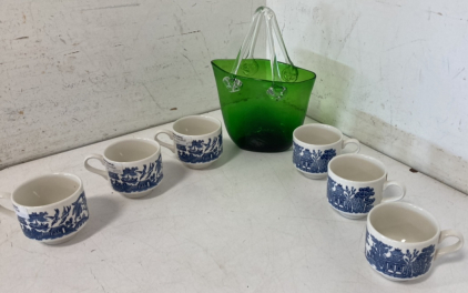 (6) Fine China Cups & Hand Blown Glass Purse
