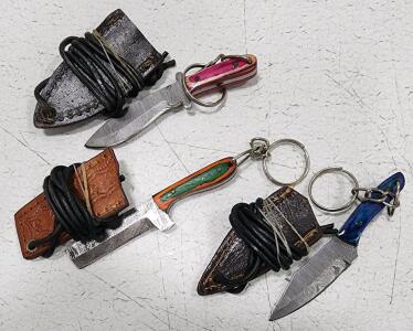 (3) Fixed Blade Damascus Steel Mini Keychain Knives With Sheaths