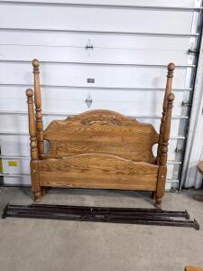 Queen Oak Poster Bed Frame, Carved Headboard, Traditional Turned Posts, Includes Rails